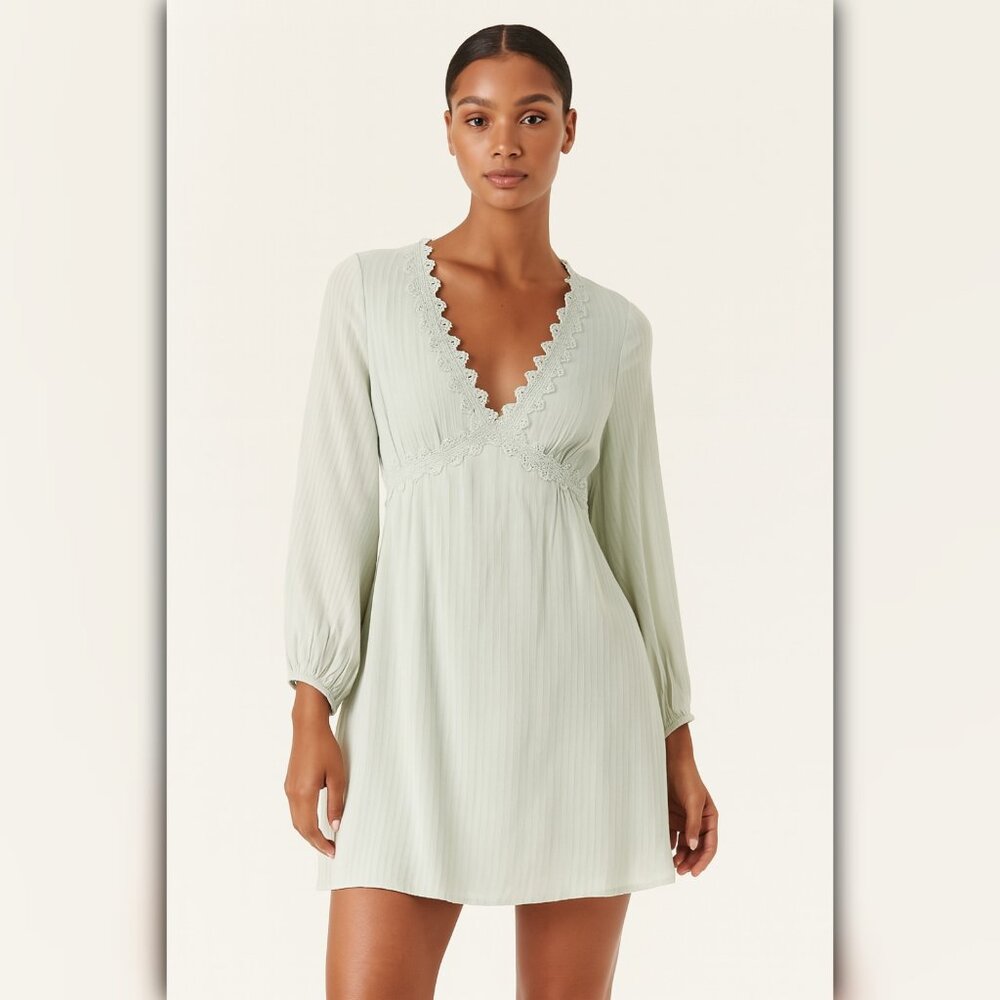 A529 • Light Sage Lace Trim Tunic Mini Dress